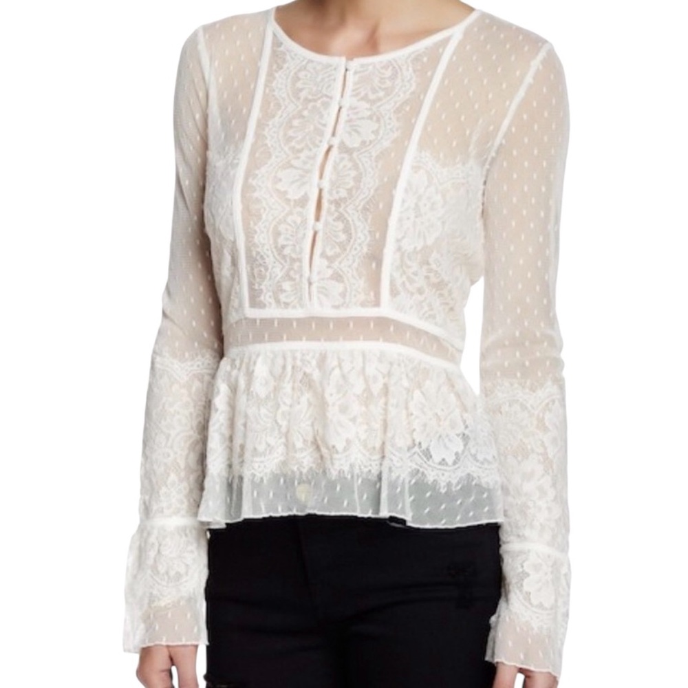Free People Penelope Ivory Lace Swiss
Dot Peplum Blouse Size Small